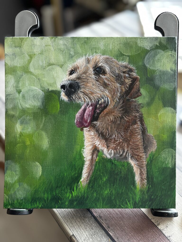 Dit is een schilderij van Buster, de hond van een vriendin. Erg waardevol.