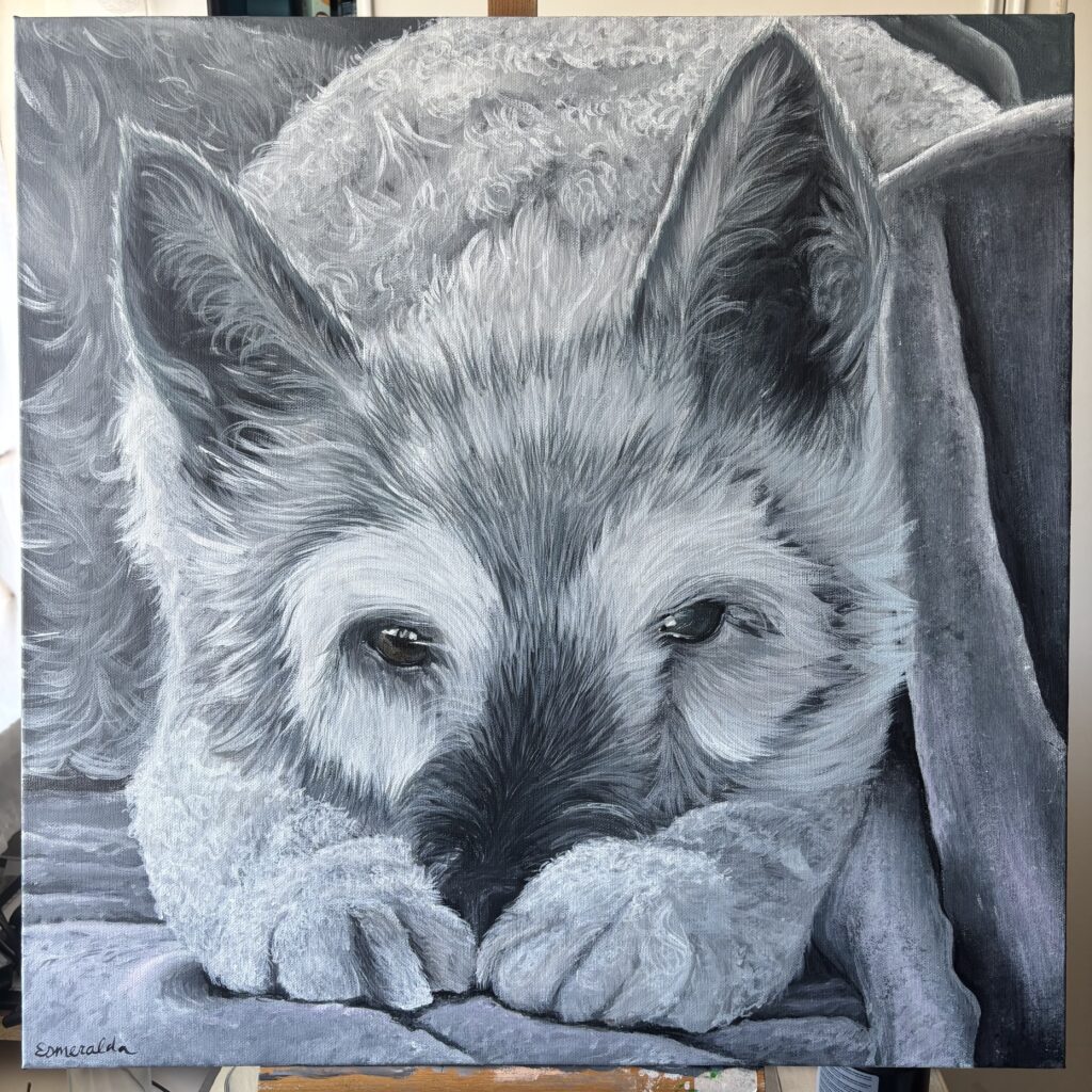 Dit schilderij is van de kleine Benz. Erg leuk om te oefenen met de wollige pootjes. 